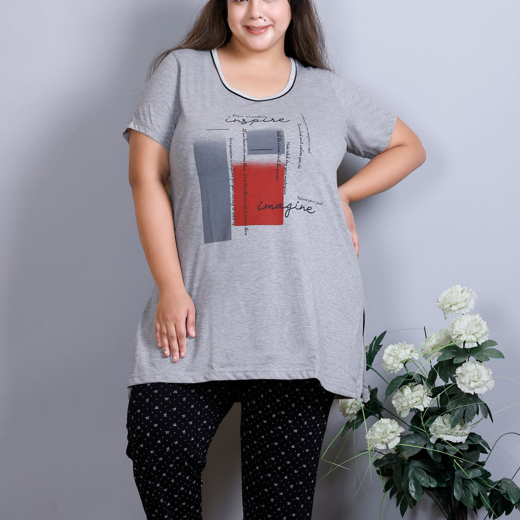 Cotton Nightsuit For Women - Long Top & Pyjama Set -Grey/Black