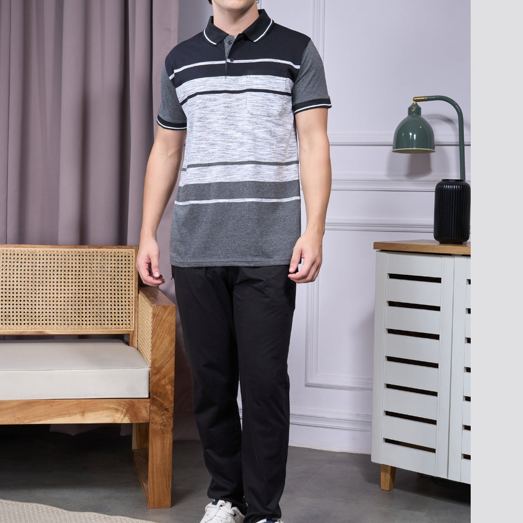 Jinxer Men Loungewear Cotton Pajama T-Shirt Set-Black