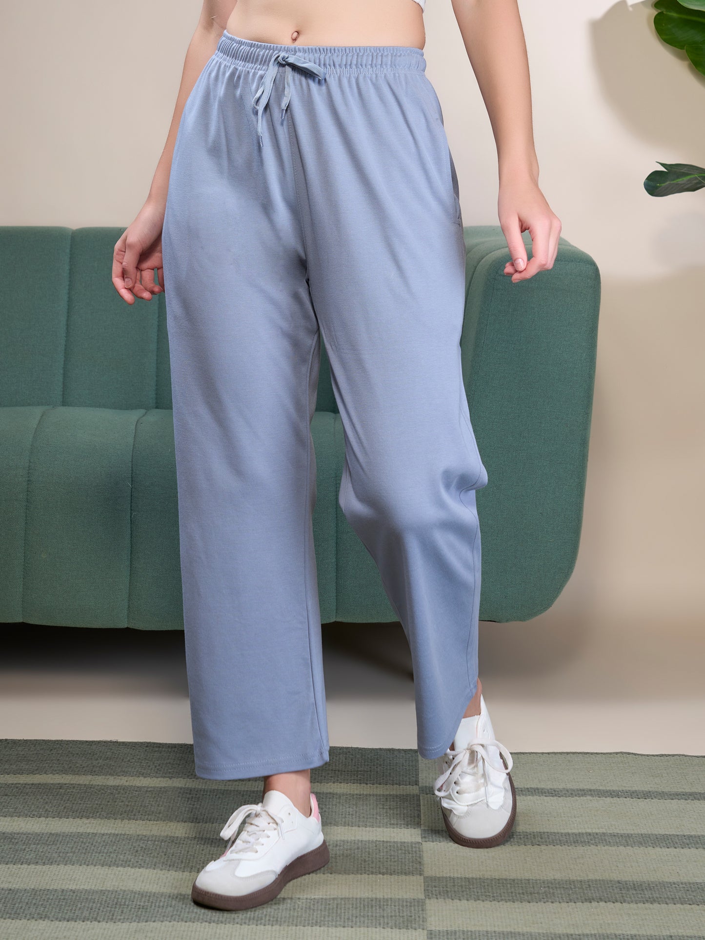 High Rise Cotton Straight Fit Trackpants-Satin Blue