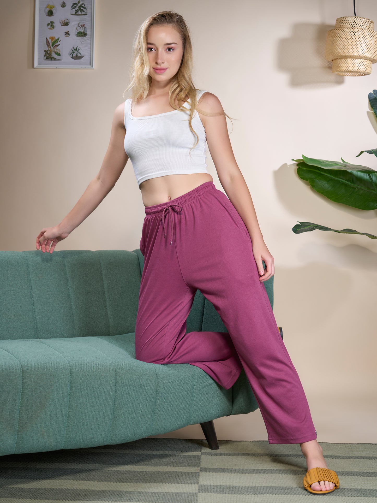 High Rise Cotton Straight Mauve Trackpants(Available in Plus Size)