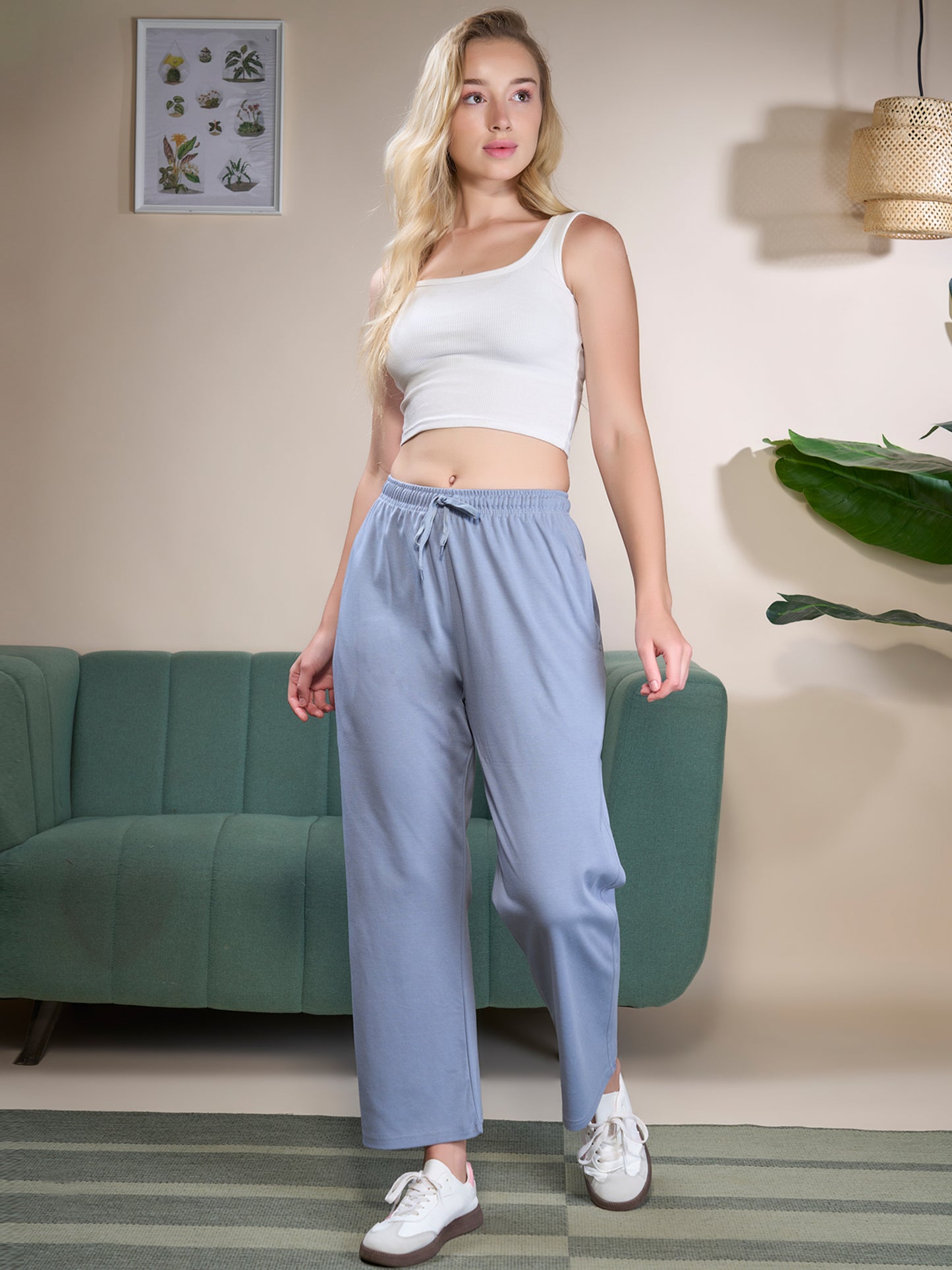 High Rise Cotton Straight Fit Trackpants-Satin Blue