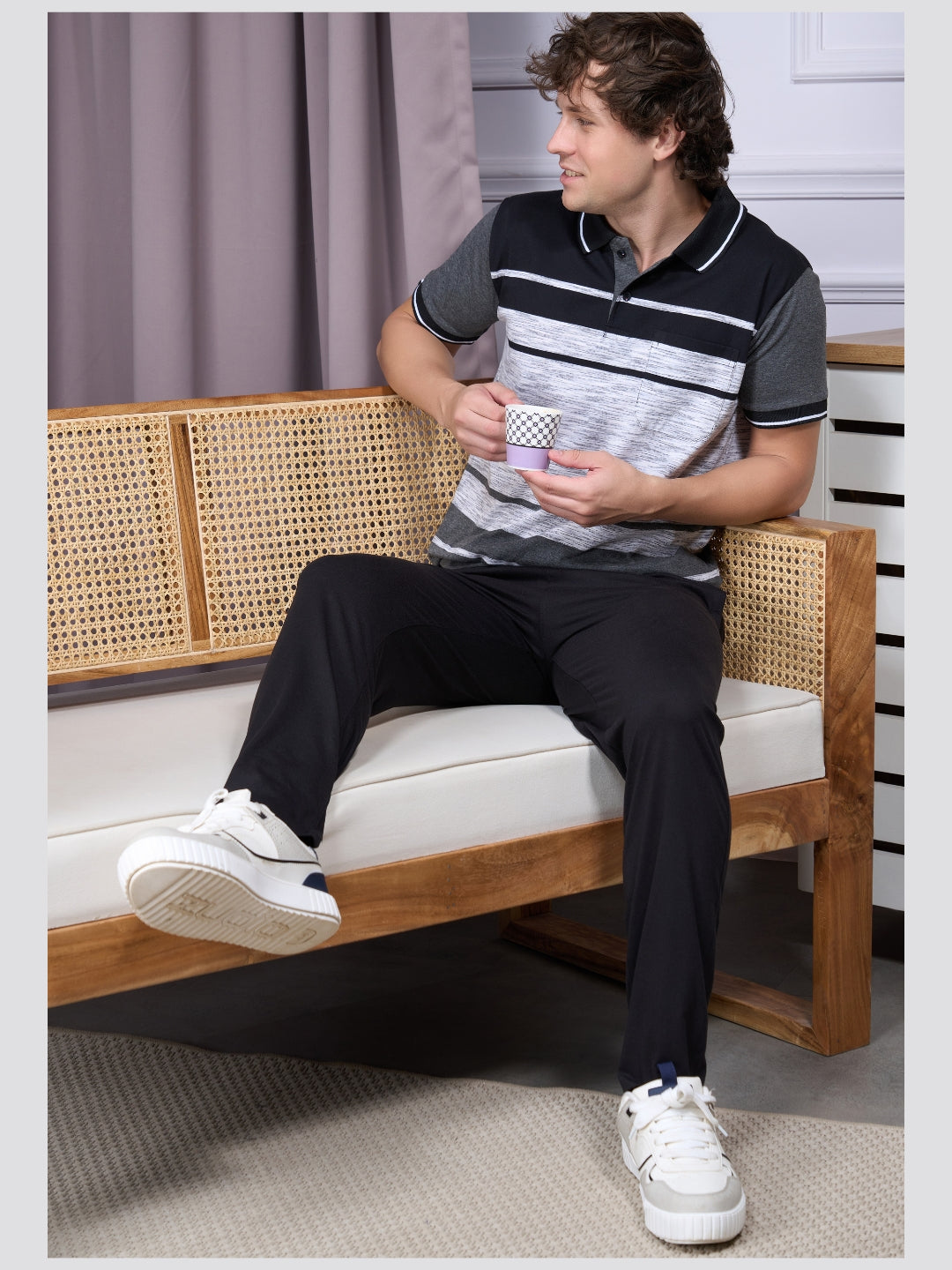 Jinxer Men Loungewear Cotton Pajama T-Shirt Set-Black