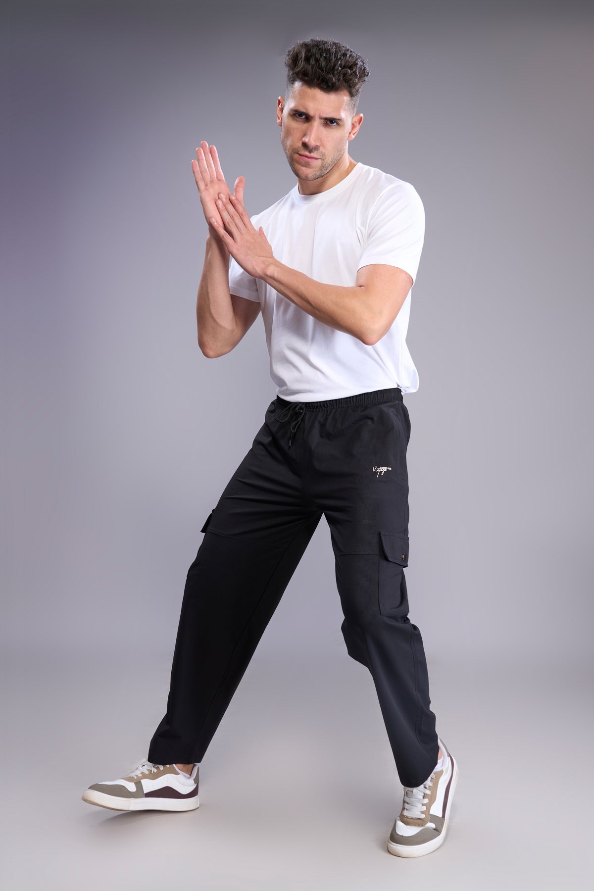 Full-length view of men’s cotton cargo pants