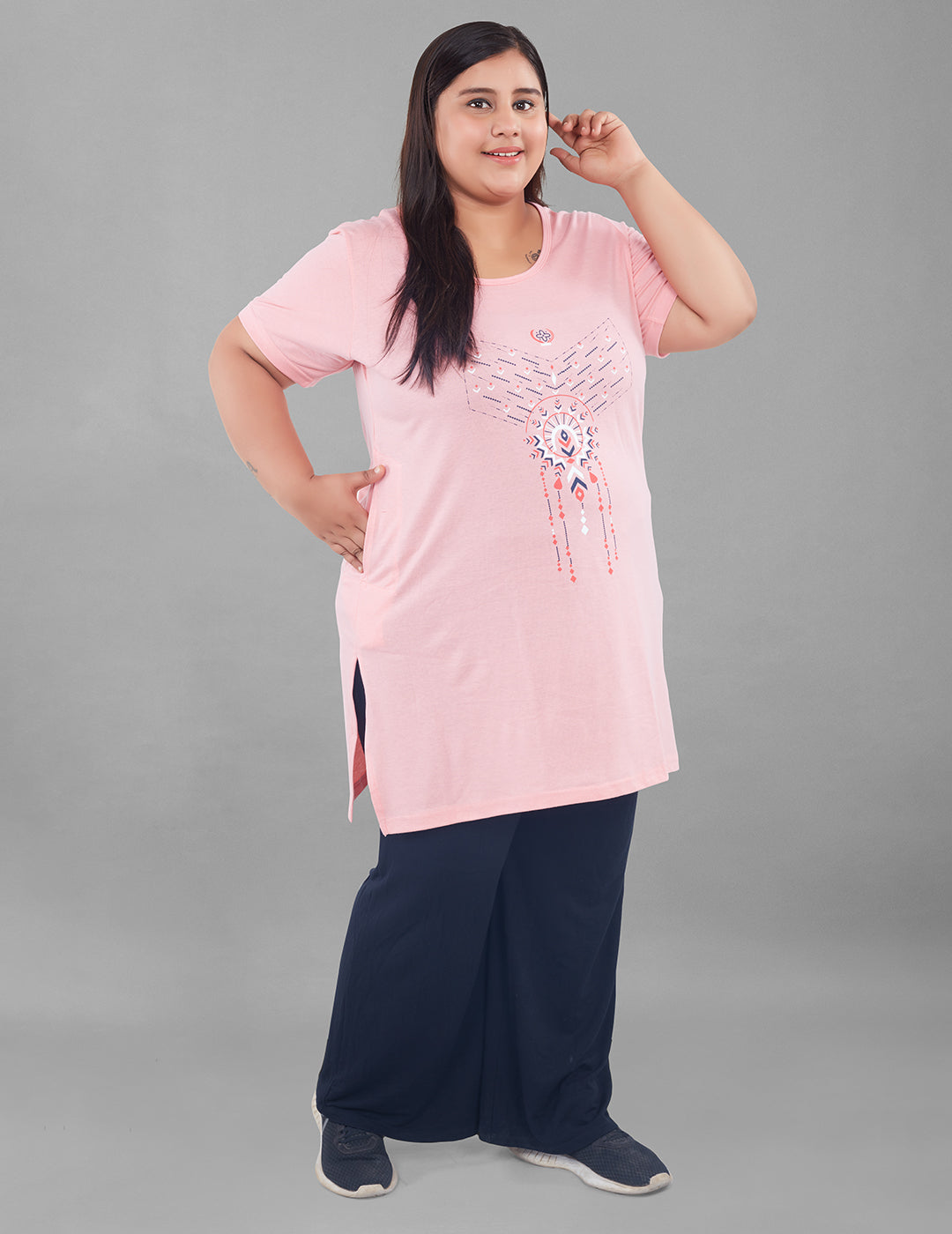 Plus Size Long T-shirt For Women - Half Sleeve - Pink