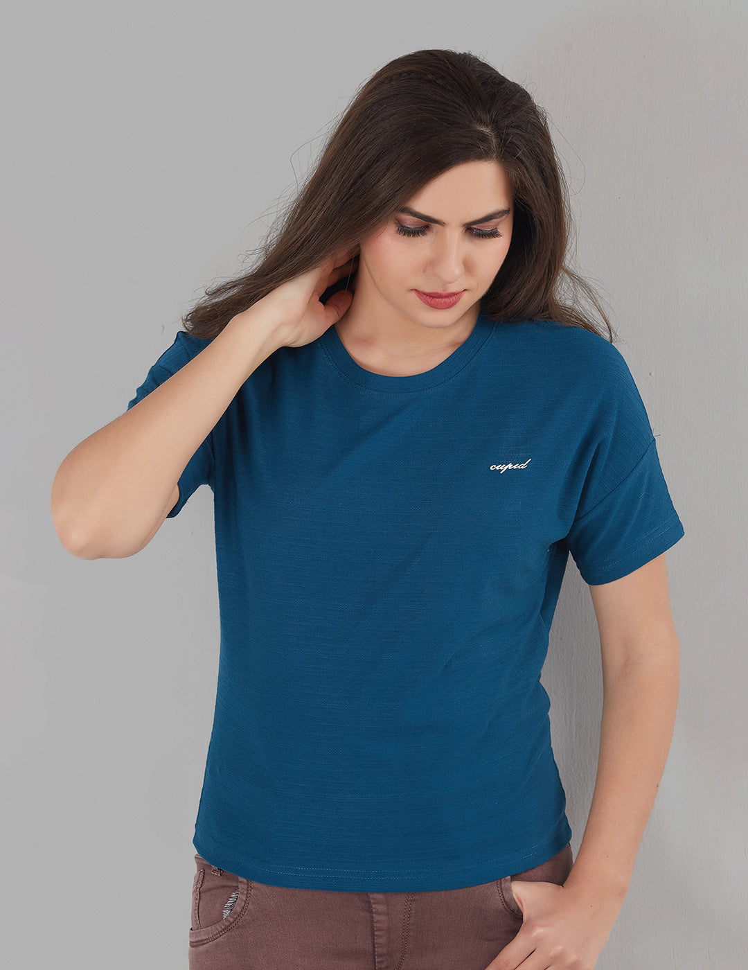 Women Plain Short T-shirts - Teal Blue