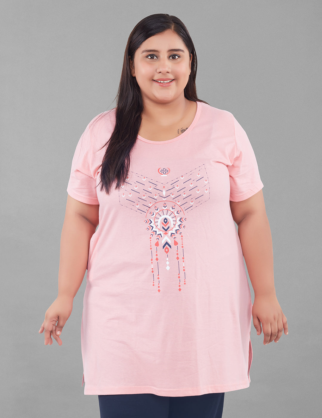 Plus Size Long T-shirt For Women - Half Sleeve - Pink