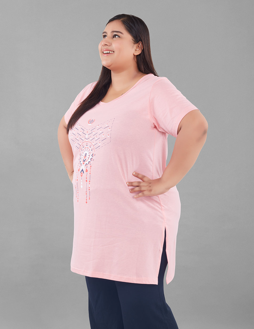 Comfortable Pius Size Long T- shirt For Women - Half Sleeves - Peach At Best Prices