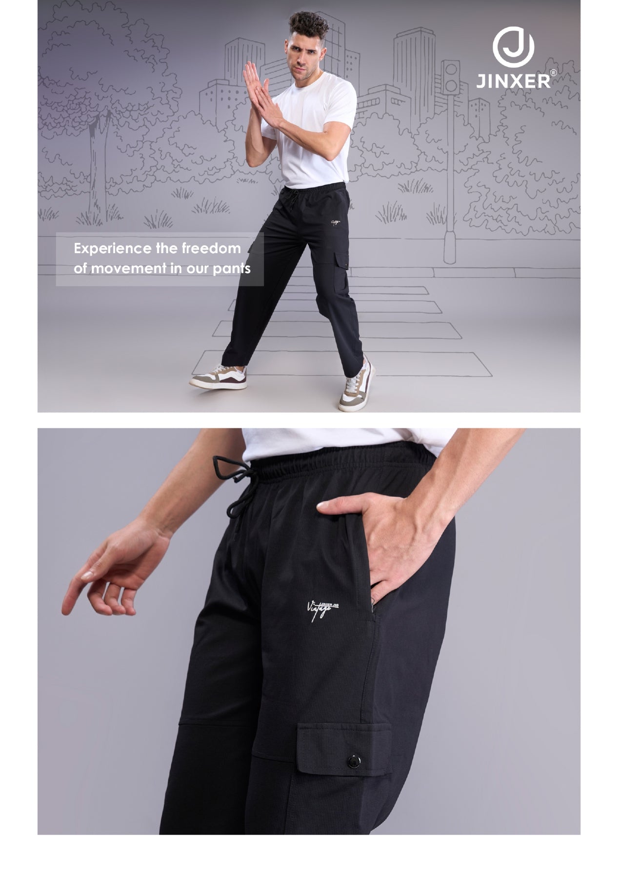 Black cotton pants for men with cargo-style pockets