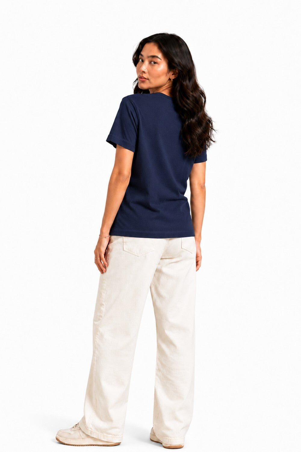 Woman Waffle Knit Textured Embroidered Cotton Relaxed Fit T-Shirt: Navy Blue