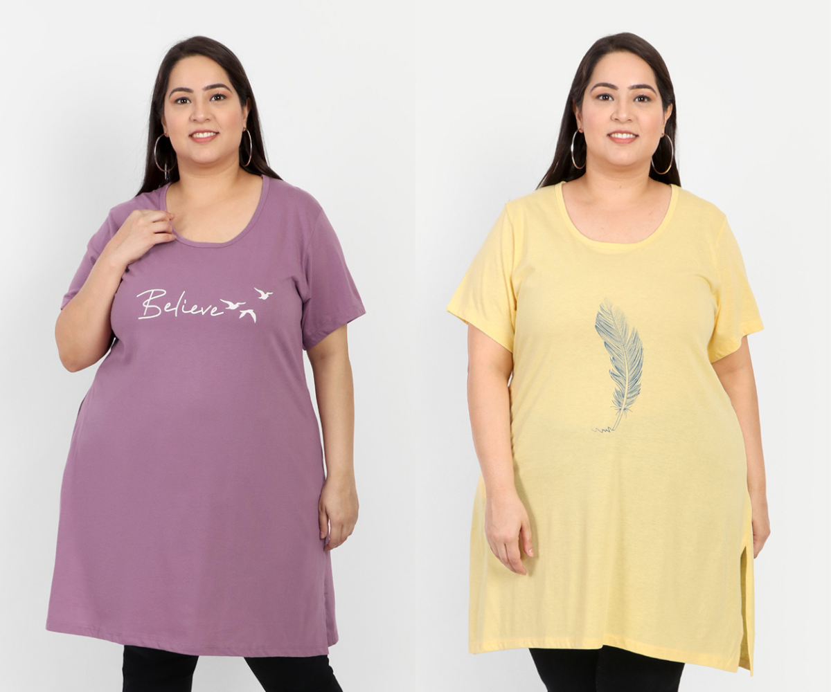 Plus Size Long T-shirts For Women - Half Sleeve - Pack of 2 (Lemon  &Lavender)