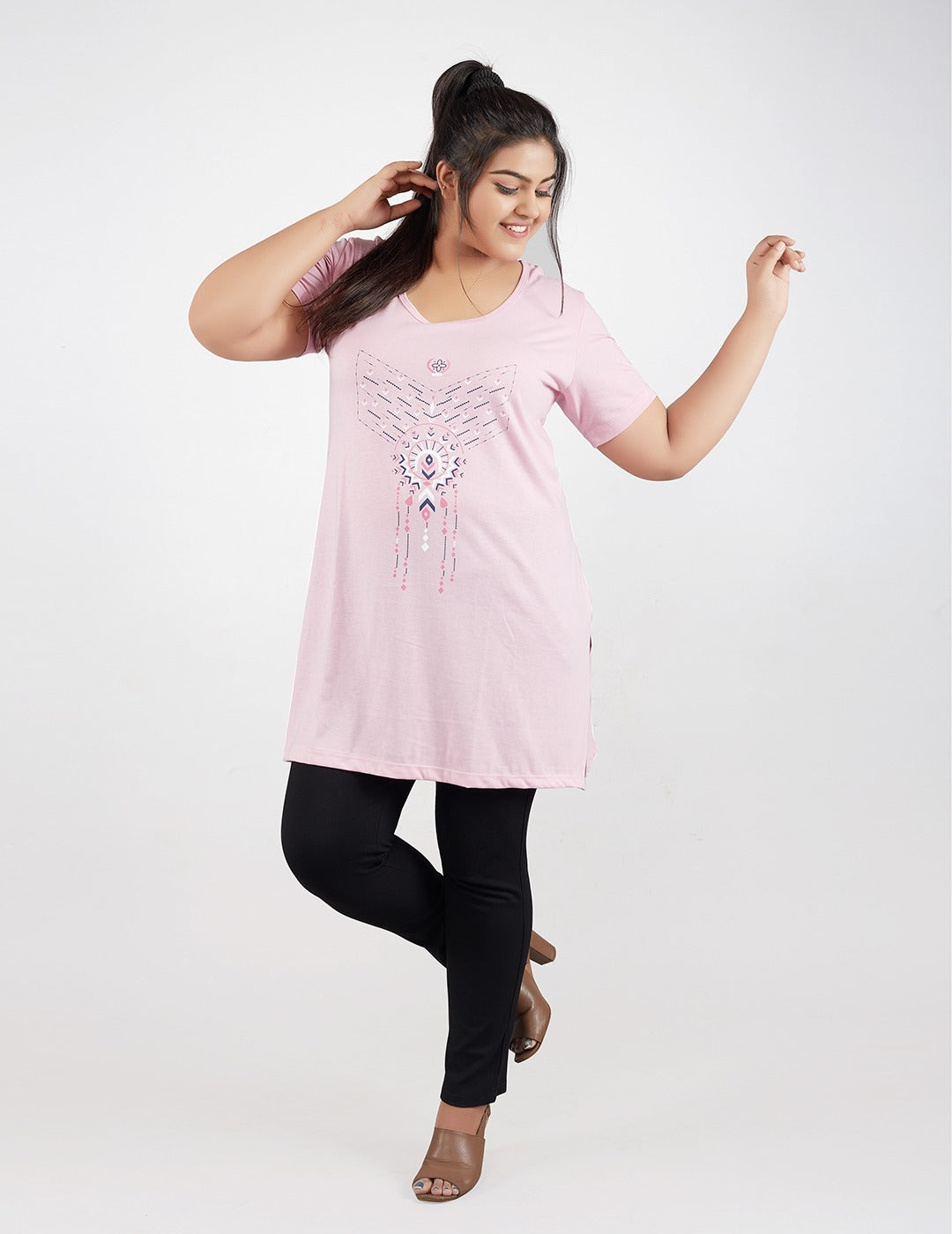 Comfortable Half Sleeve Long T- shirt For Women in Plus Size - Pink At Best Prices