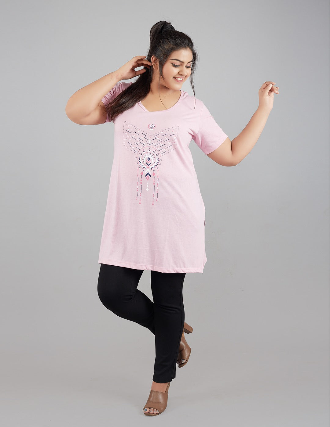 Comfortable Half Sleeve Long T- shirt For Women in Plus Size - Pink At Best Prices