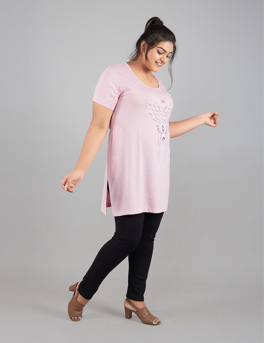 Comfortable Half Sleeve Long T- shirt For Women in Plus Size - Pink At Best Prices
