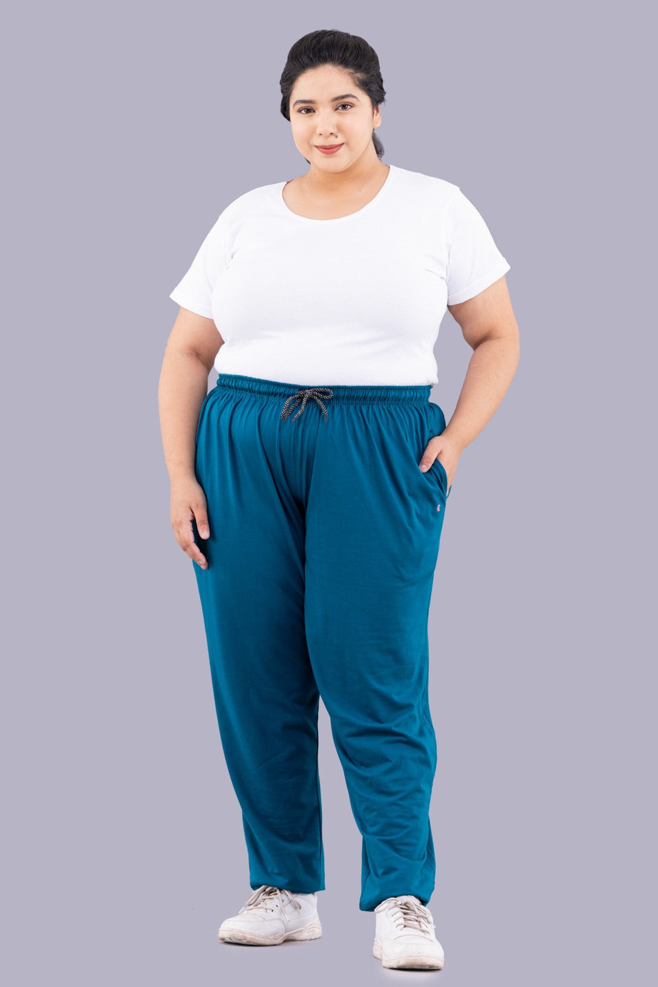 Plus Size Cotton Track Pants For Women - Teal Blue