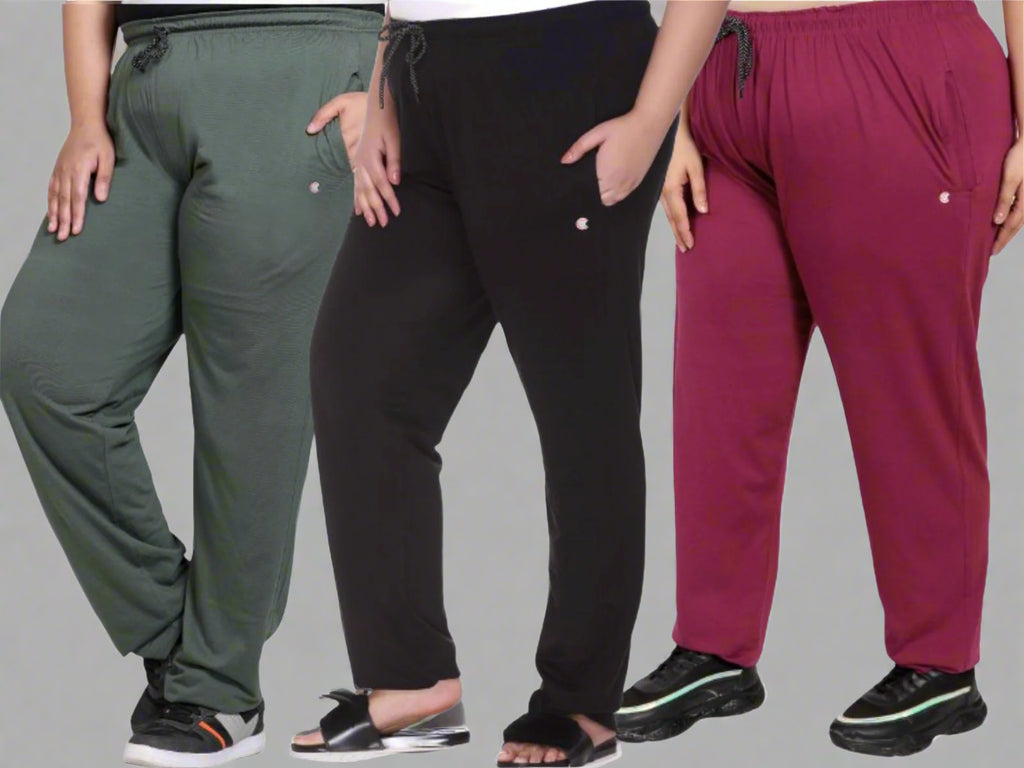 Cotton Track Pants For Women Pack of 3 (Black, Purple & Olive Green)