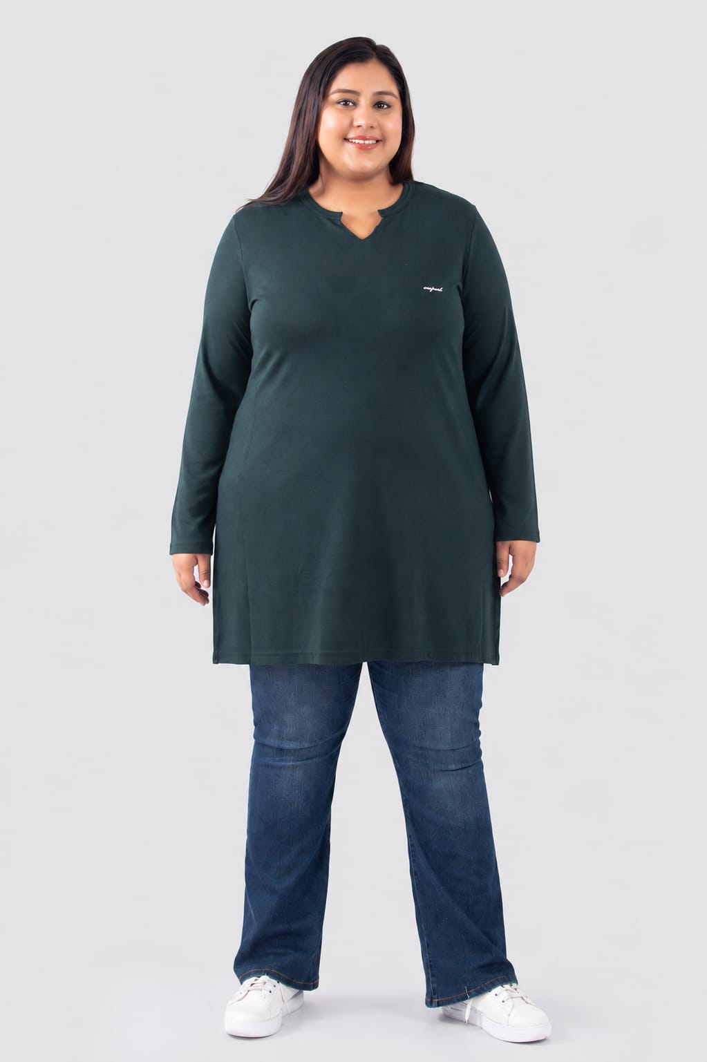 Plus Size Full Sleeves Long Top For Women -Bottle Green