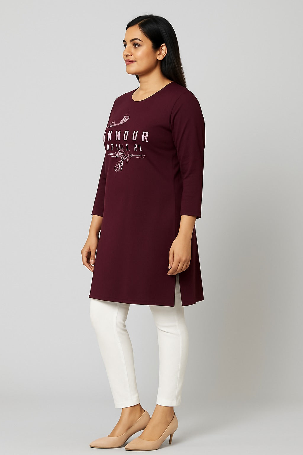 Cotton Long Top for Women - Full Sleeve - Wine