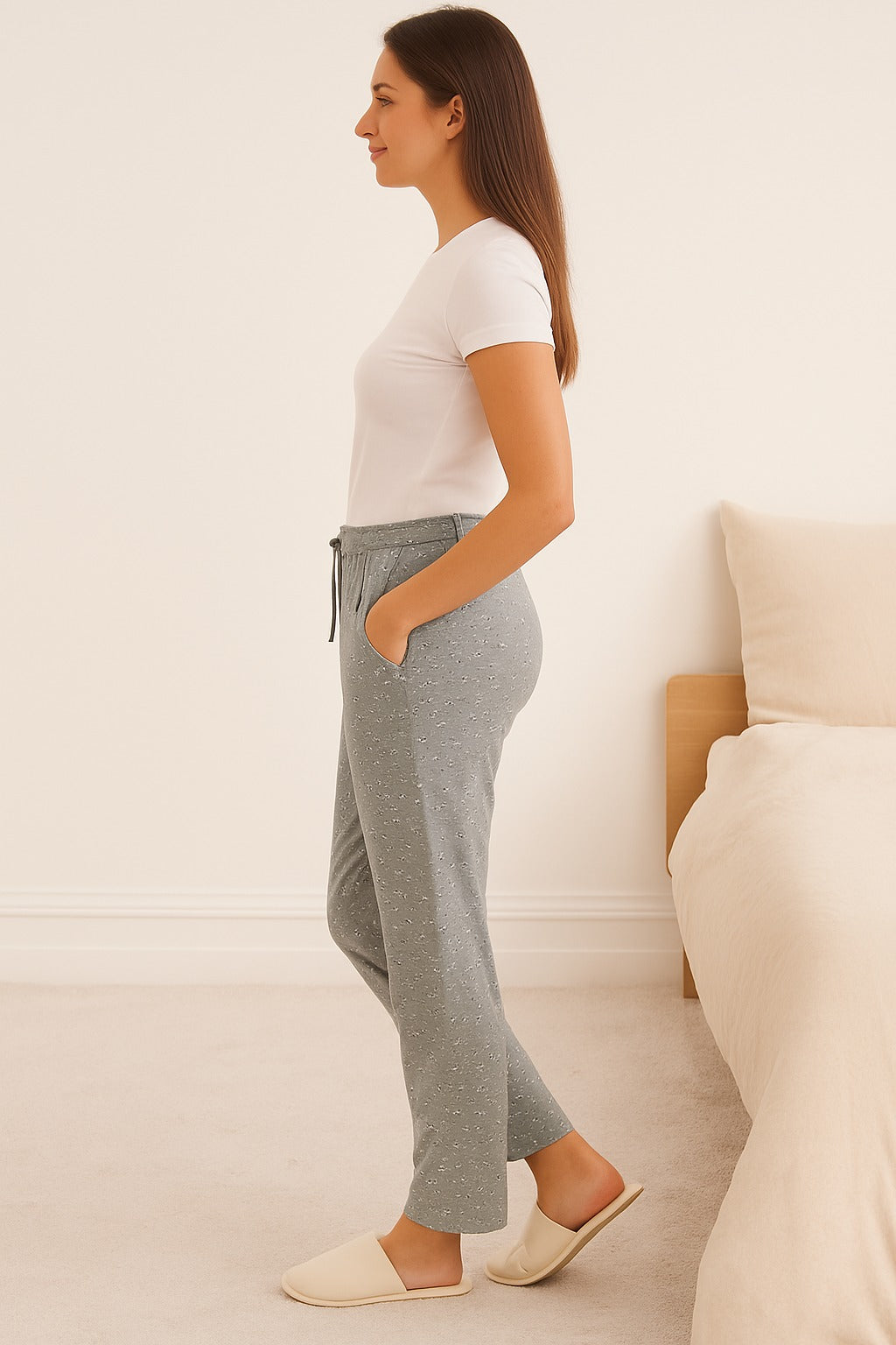 Cotton Printed All Day Night Pants For Women - Grey