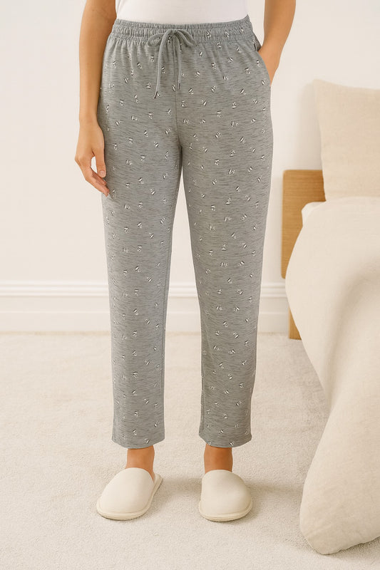 Cotton Printed All Day Night Pants For Women - Grey