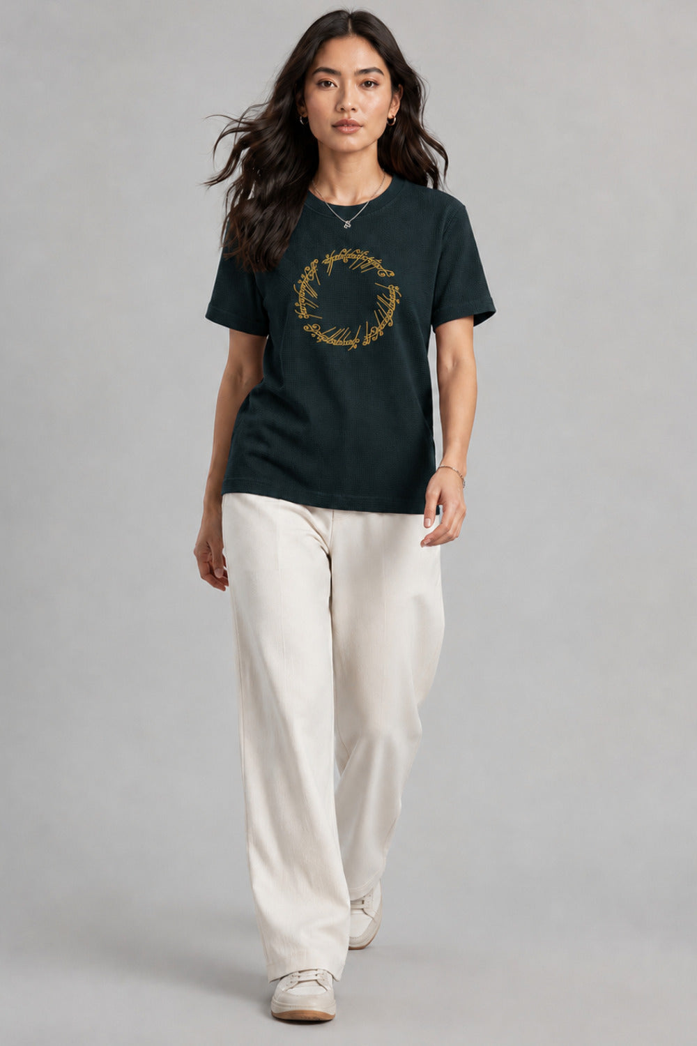 Woman Waffle knit Embroidered Cotton Relaxed Fit T-Shirt: Bottle Green