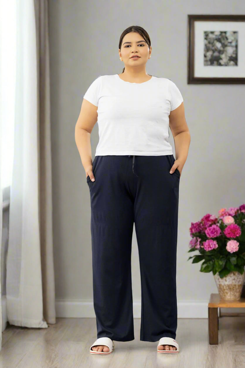 High Rise Cotton Straight Navy Blue Trackpants