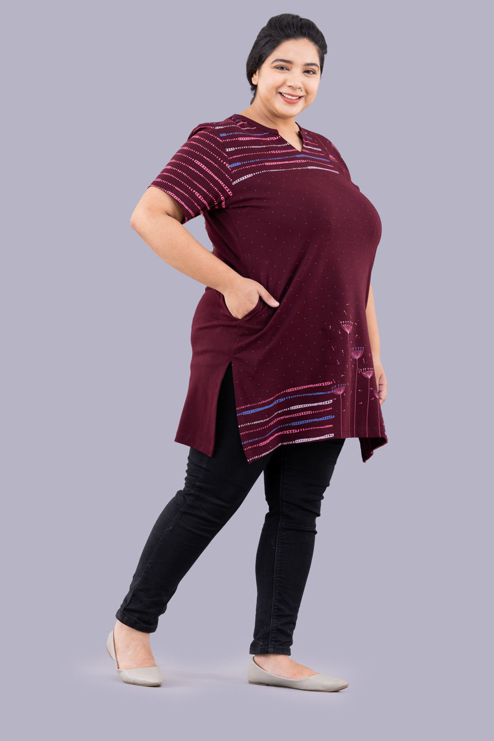 Plus Size Printed Long Tops for Women Full Sleeves - Wine At Best Prices