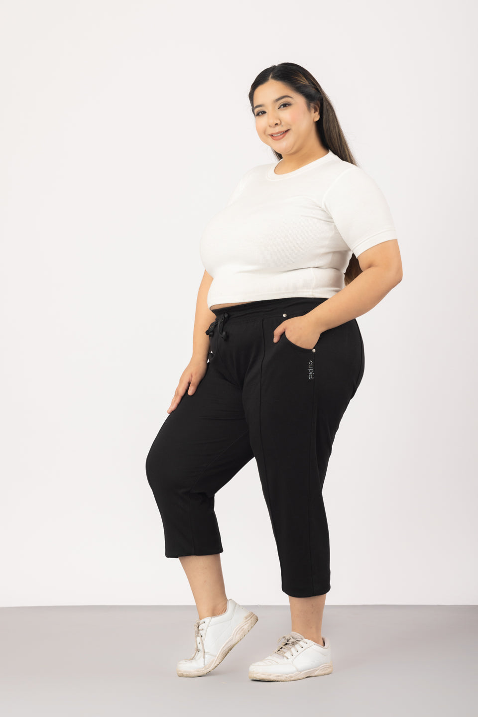 Buy Comfy Cotton Black Plus Size Capris Pants For Women Online In