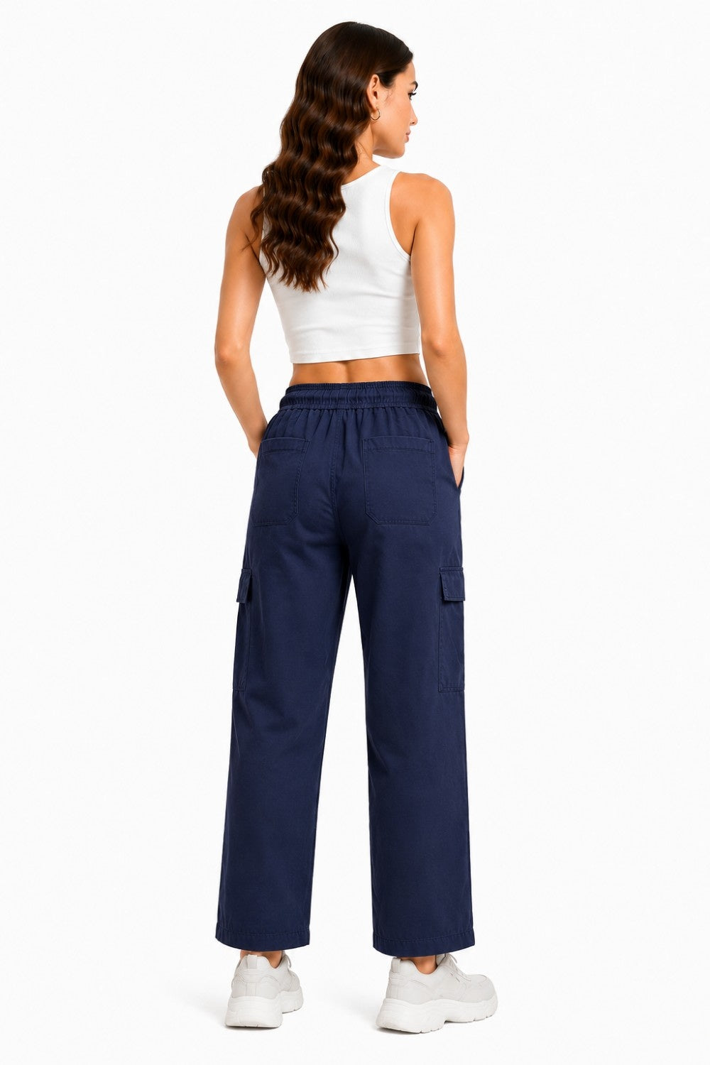Women Smart Straight Fit Slay Cargo Pants-Navy