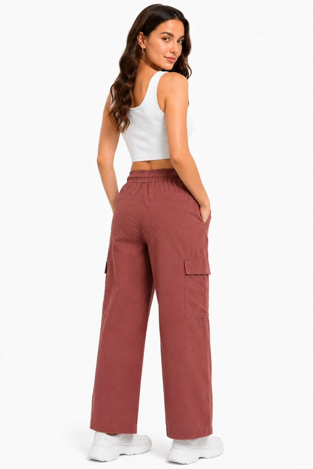 Women Smart Straight Fit Slay Cargo Pants-Chocolate