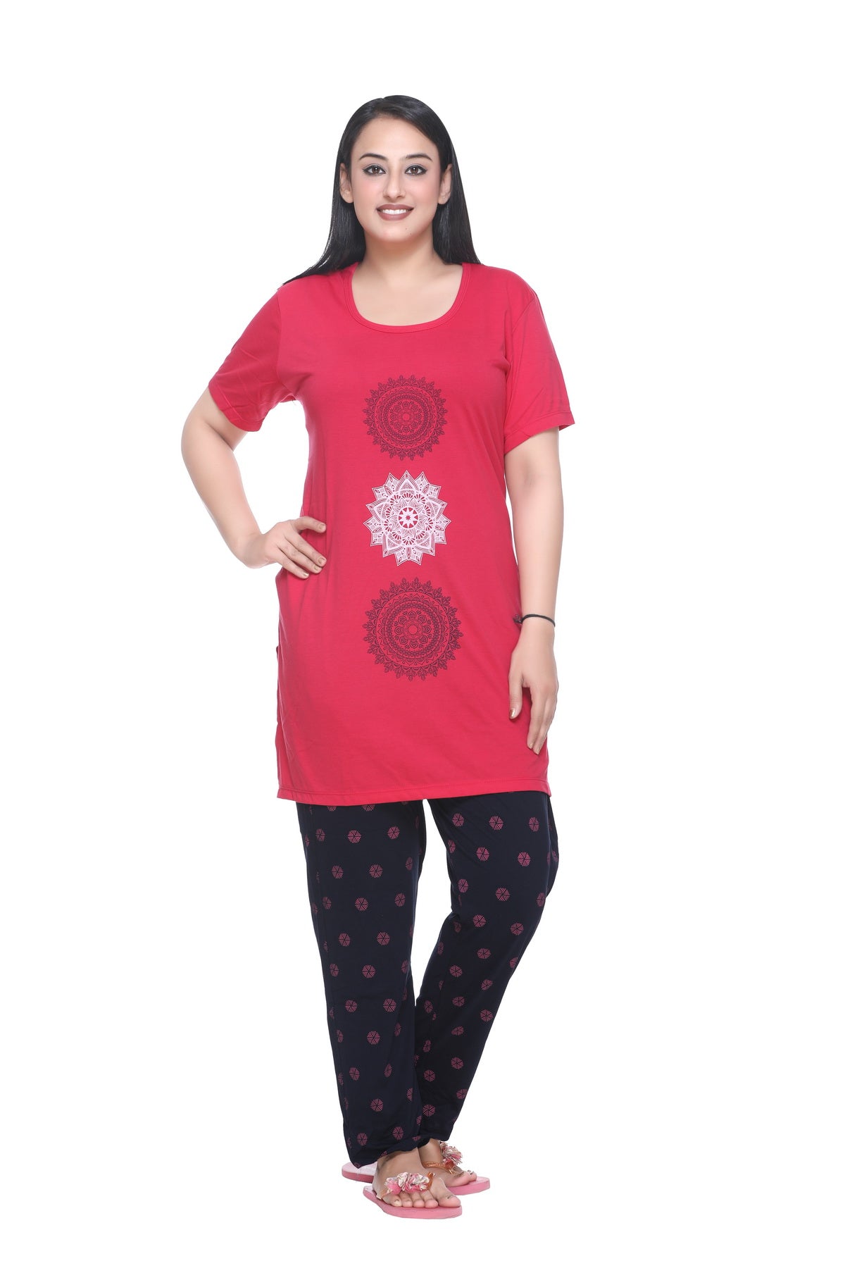 Comfortable Plus Size Cotton Nightsuit Set For Women (Long Top & Pajamas) Online In India