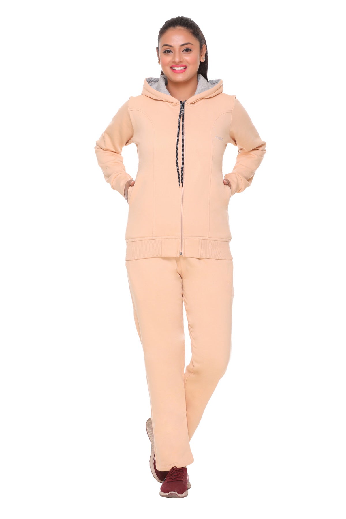 Women Beige Winter Wear Fleece Tracksuit freeshipping - Cupid Clothings