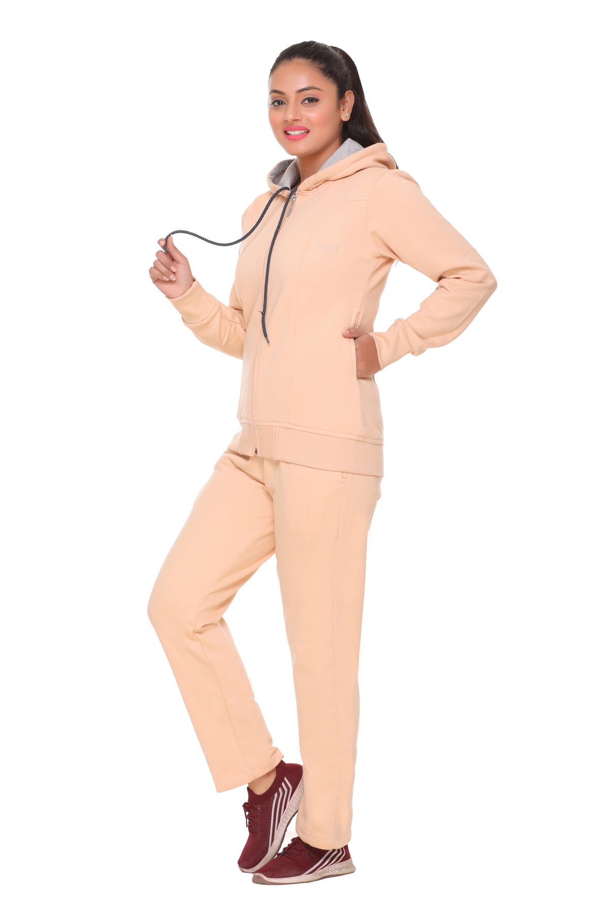 Women Beige Winter Wear Fleece Tracksuit freeshipping - Cupid Clothings