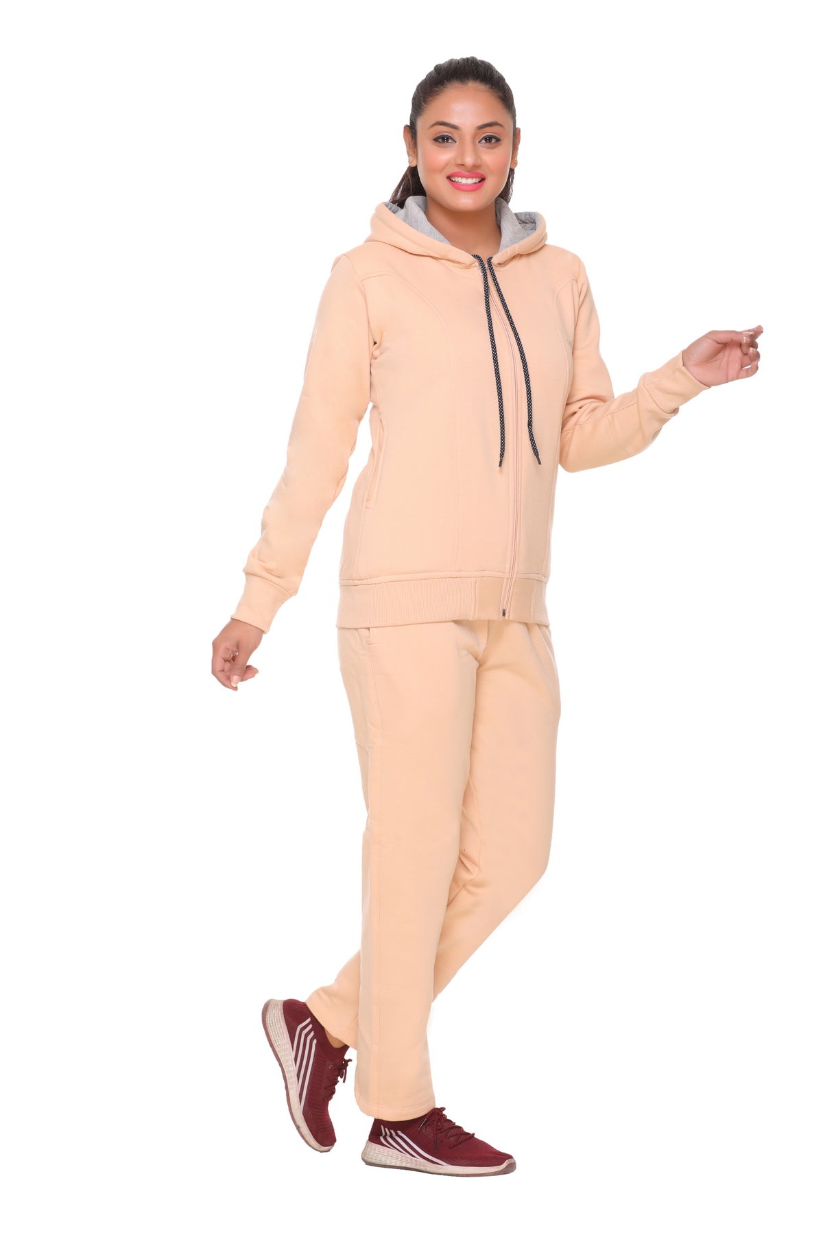 Women Beige Winter Wear Fleece Tracksuit freeshipping - Cupid Clothings