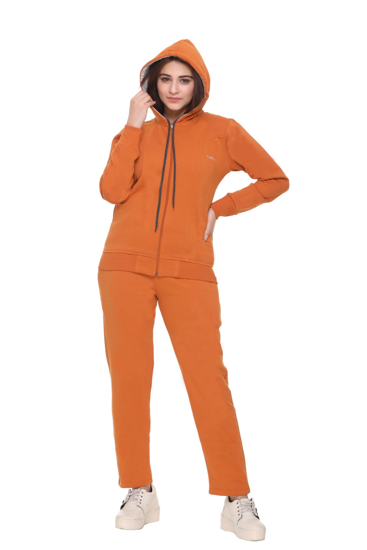 Women Coral Orange Winter Wear Fleece Tracksuit freeshipping - Cupid Clothings