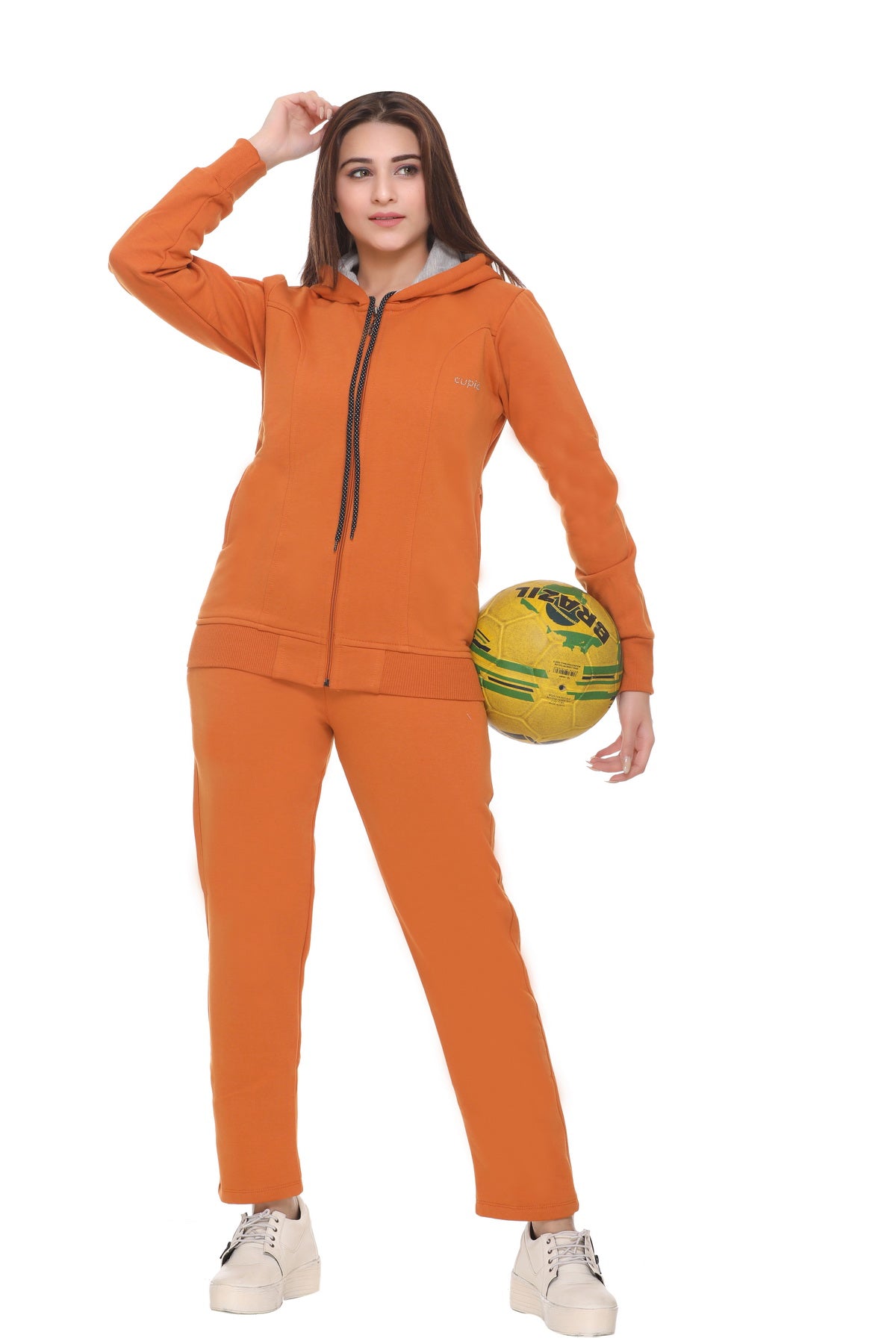 Women Coral Orange Winter Wear Fleece Tracksuit freeshipping - Cupid Clothings