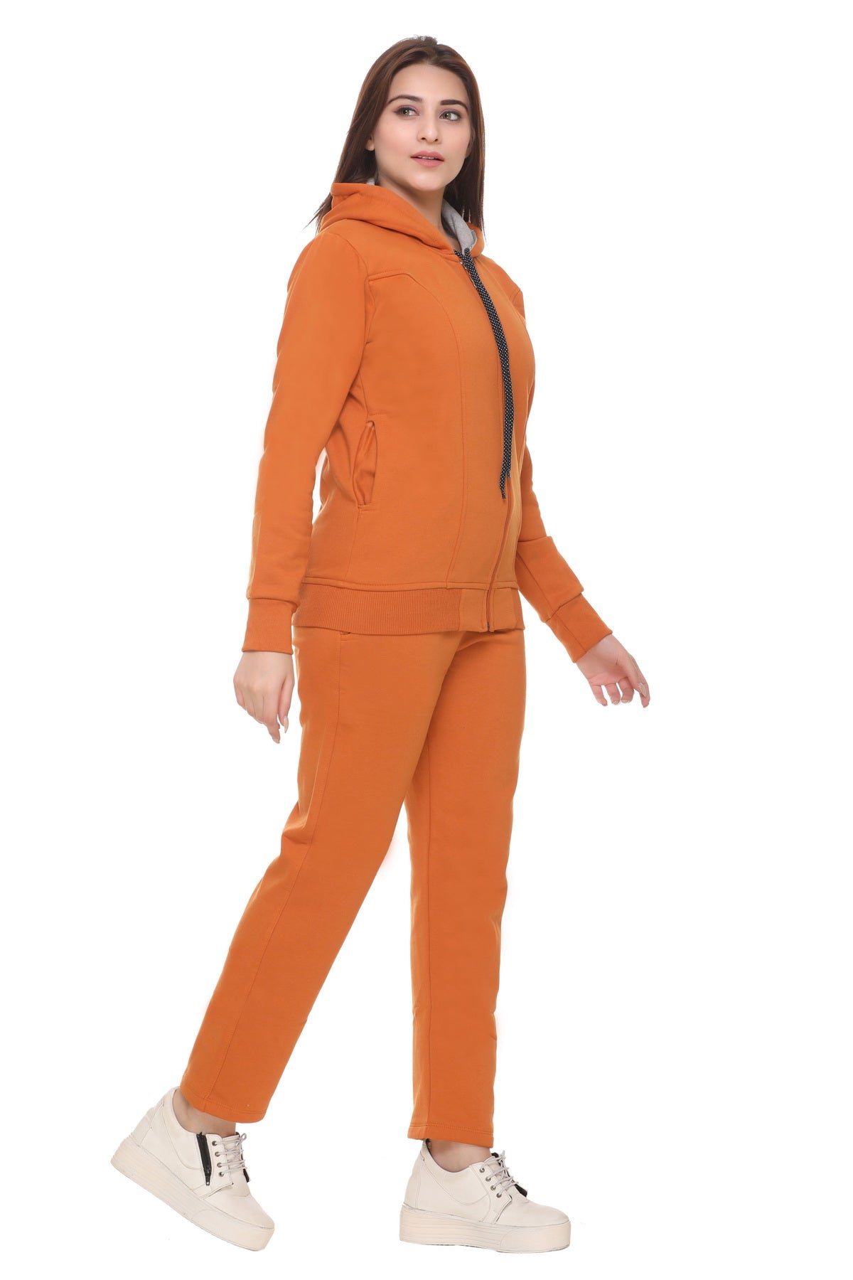 Women Coral Orange Winter Wear Fleece Tracksuit freeshipping - Cupid Clothings