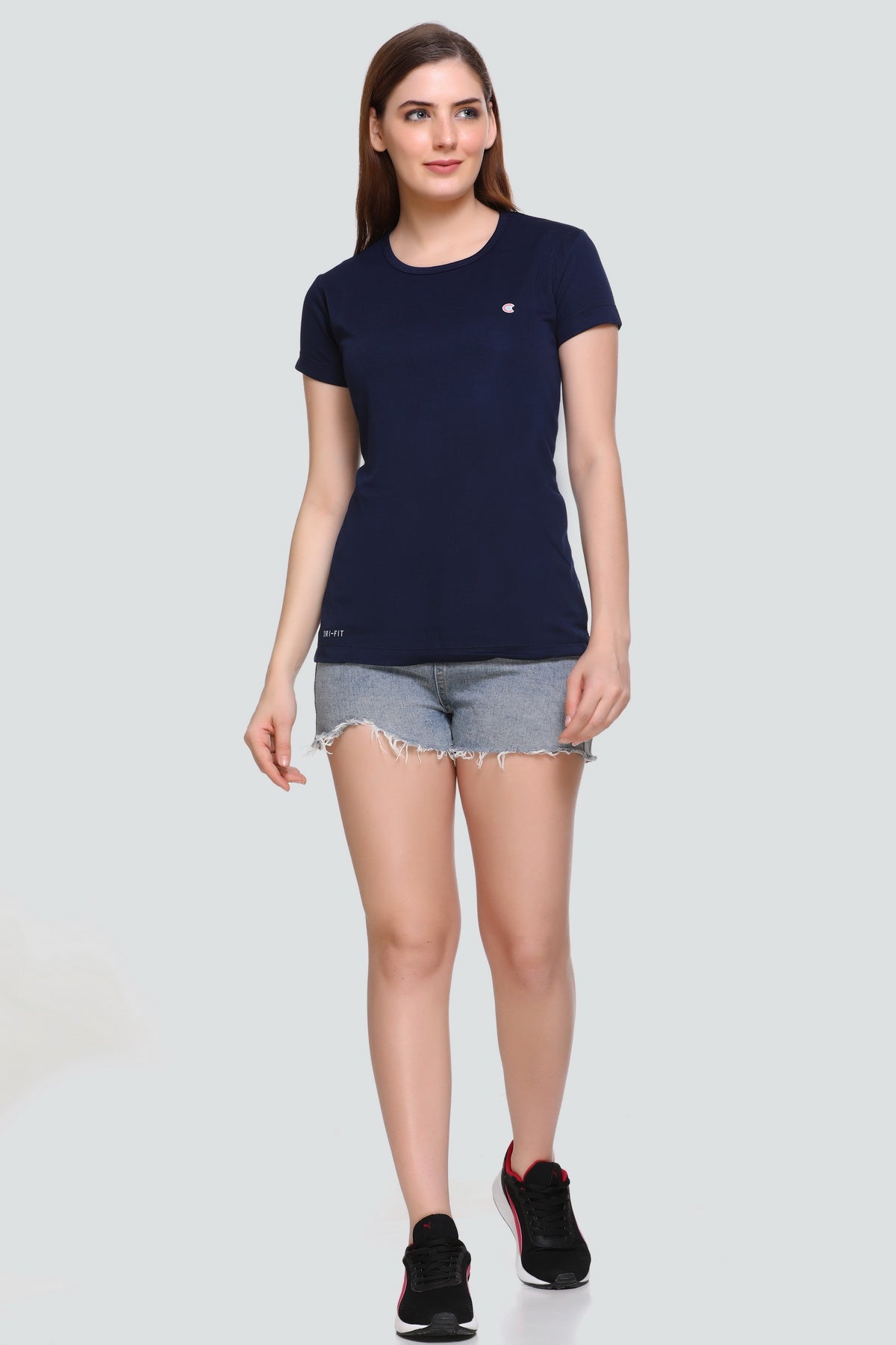 Stylish Navy Blue Cotton Half Sleeves Dri Fit T-shirts For Women Online In India