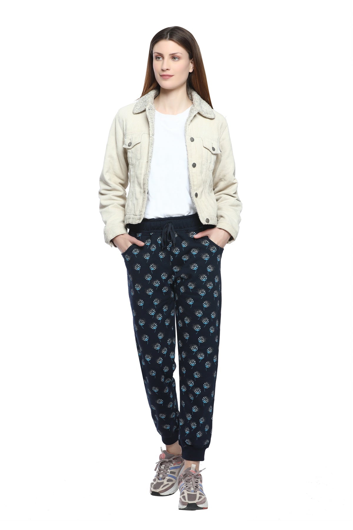 Comfortable Navy Blue Winter Fleece Cotton Printed Joggers for Women online in India