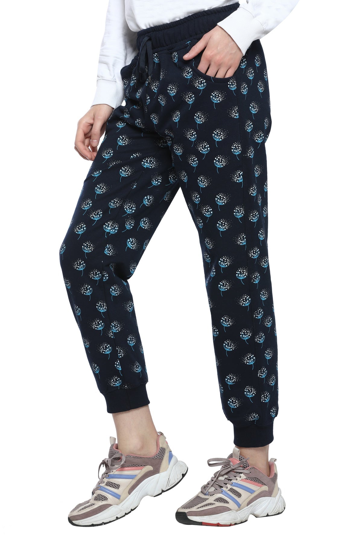 Comfortable Navy Blue Winter Fleece Cotton Printed Joggers for Women online in India