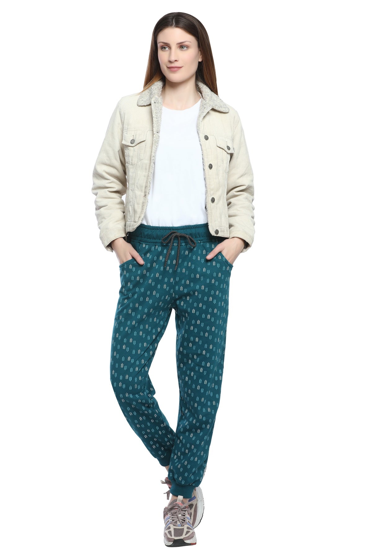 Comfortable Teal Blue Winter Fleece Cotton Printed Joggers for Women online in India
