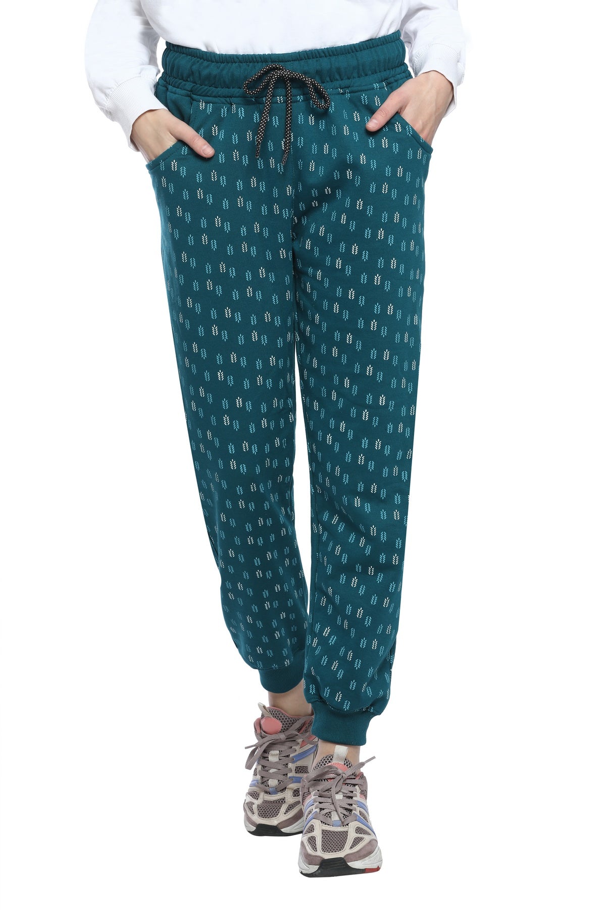 Comfortable Teal Blue Winter Fleece Cotton Printed Joggers for Women online in India