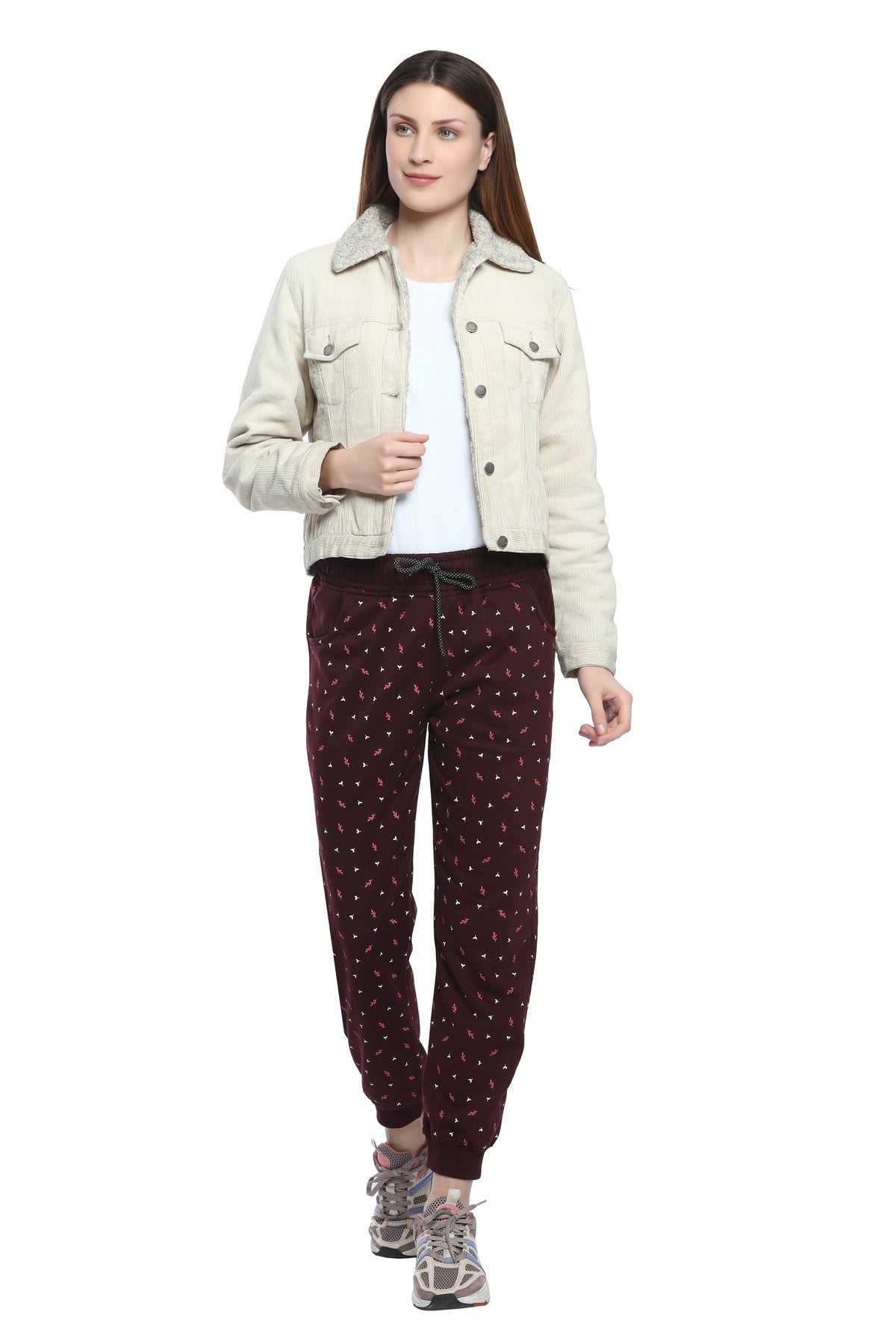 Comfortable Wine Winter Fleece Cotton Printed Joggers for Women online in India