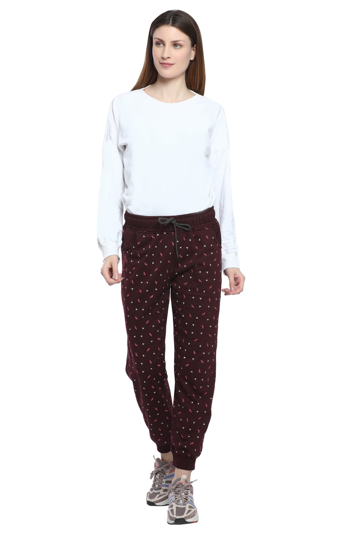 Comfortable Wine Winter Fleece Cotton Printed Joggers for Women online in India