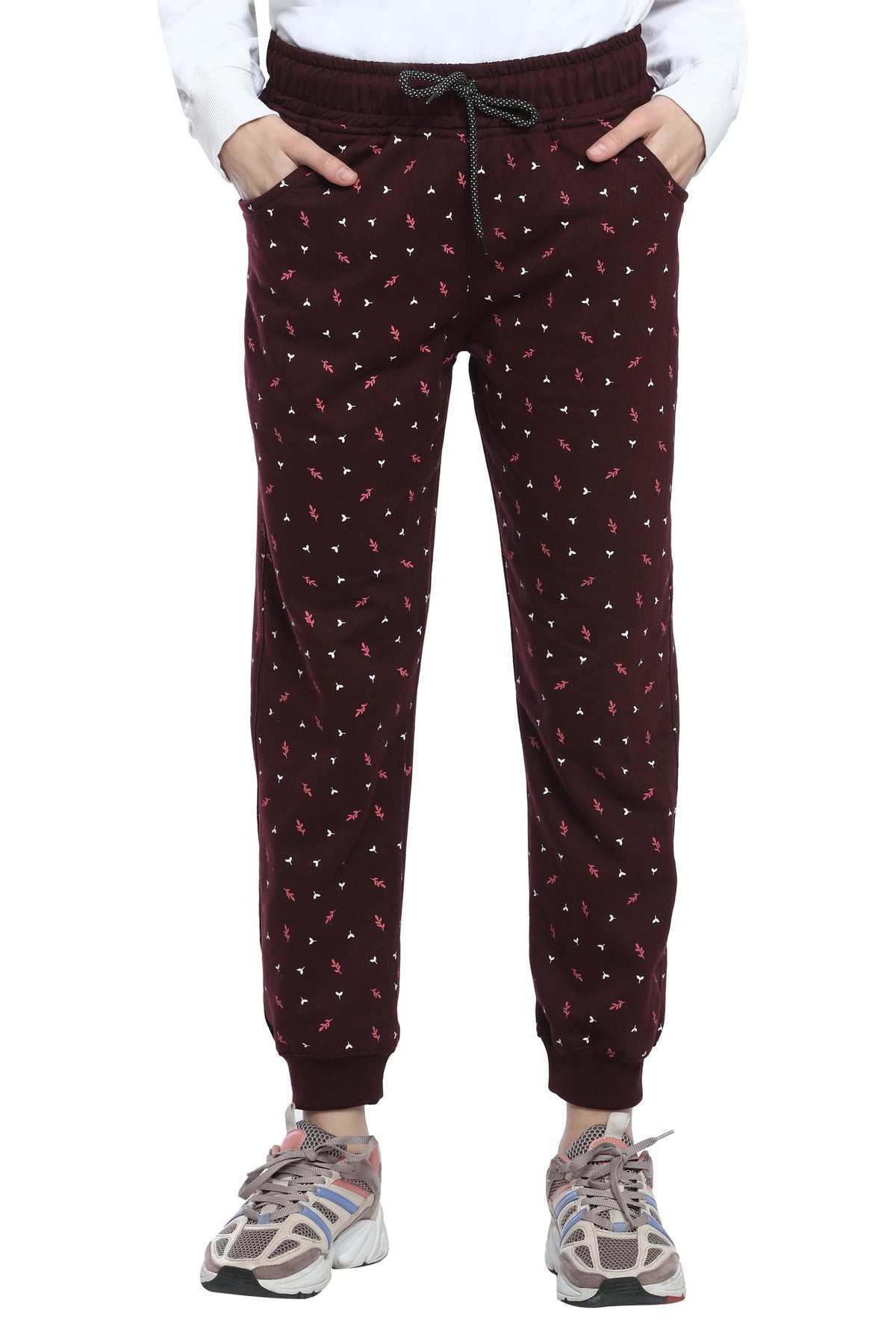Comfortable Wine Winter Fleece Cotton Printed Joggers for Women online in India