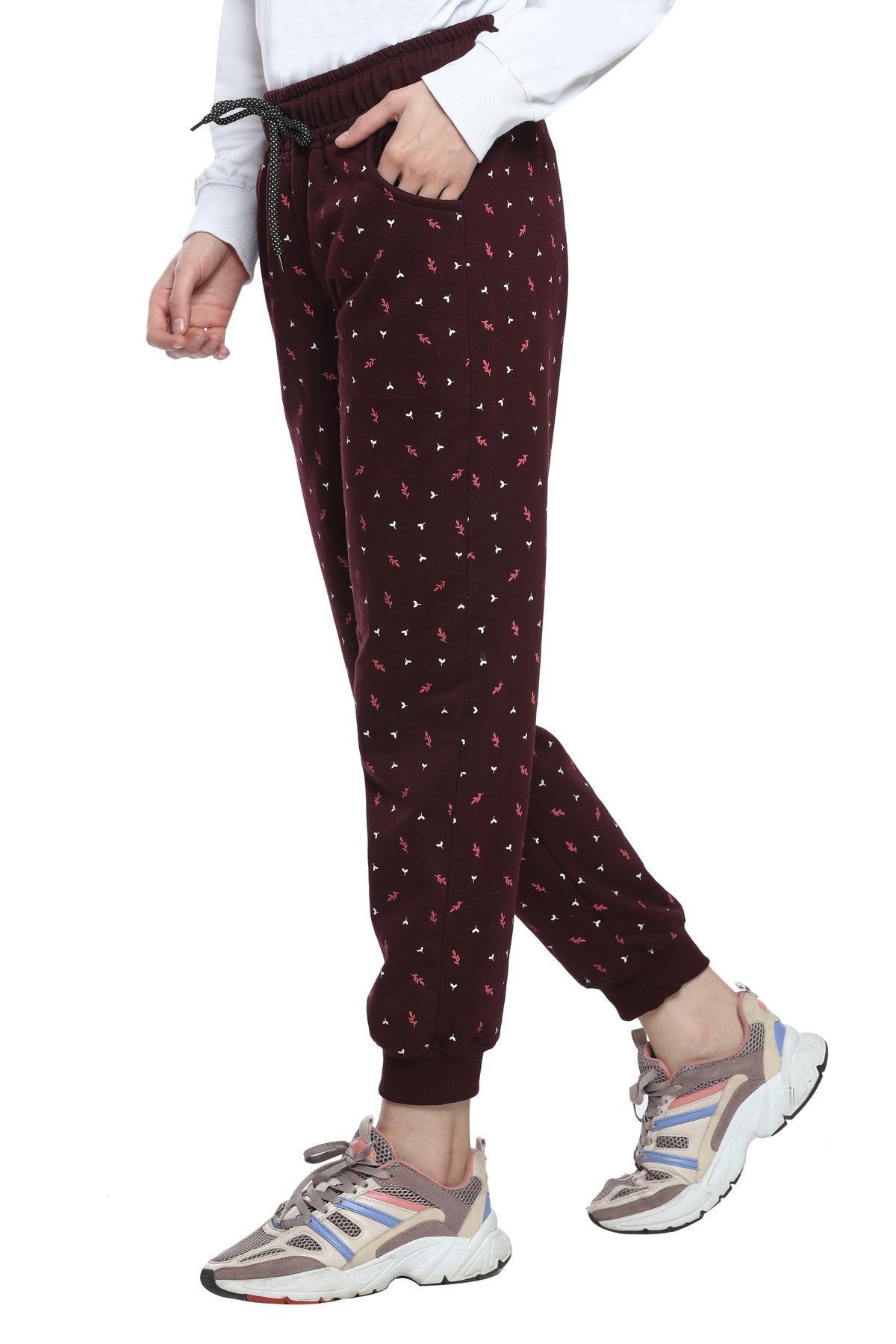 Comfortable Wine Winter Fleece Cotton Printed Joggers for Women online in India