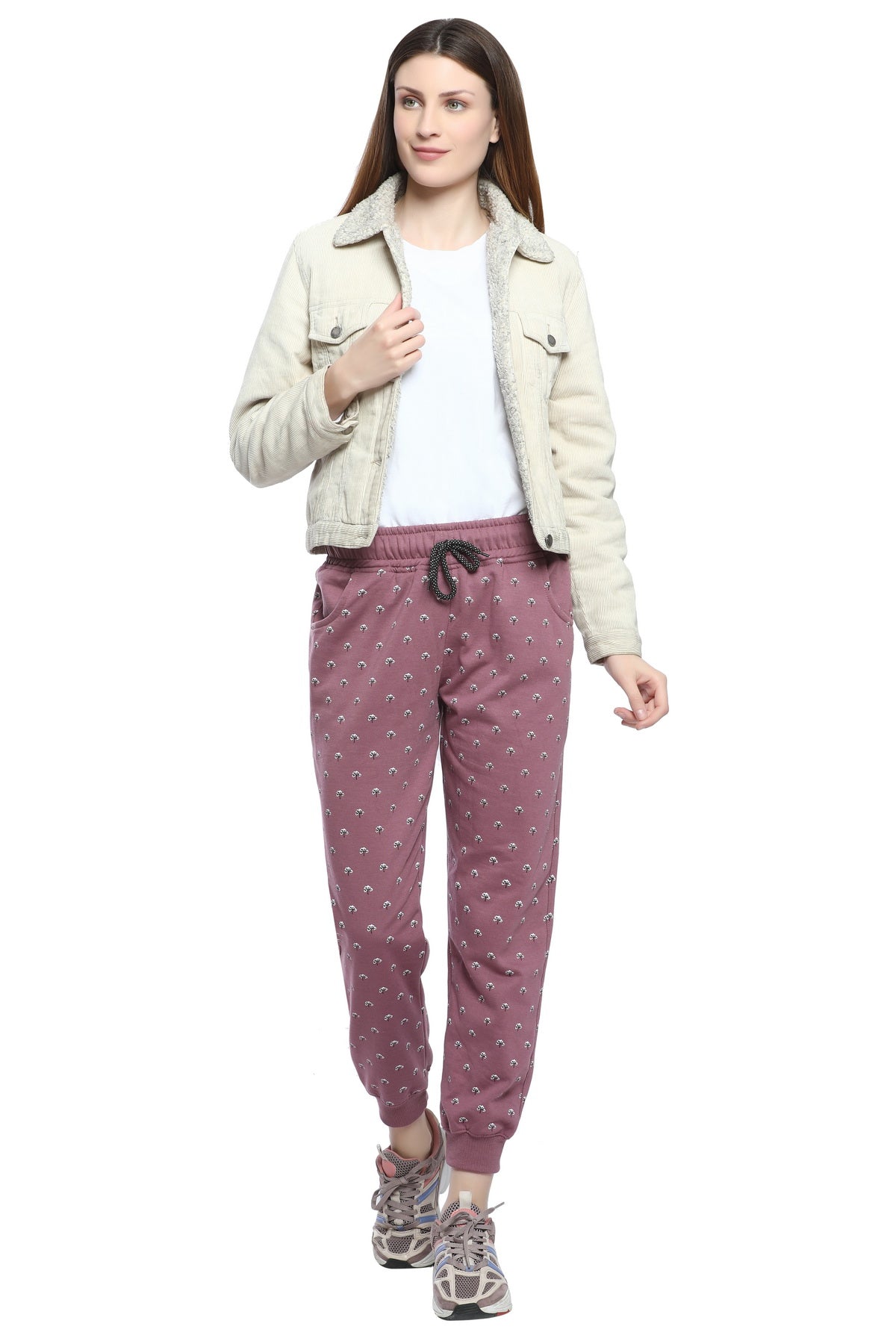 Comfortable Mauve Winter Fleece Cotton Printed Joggers for Women online in India