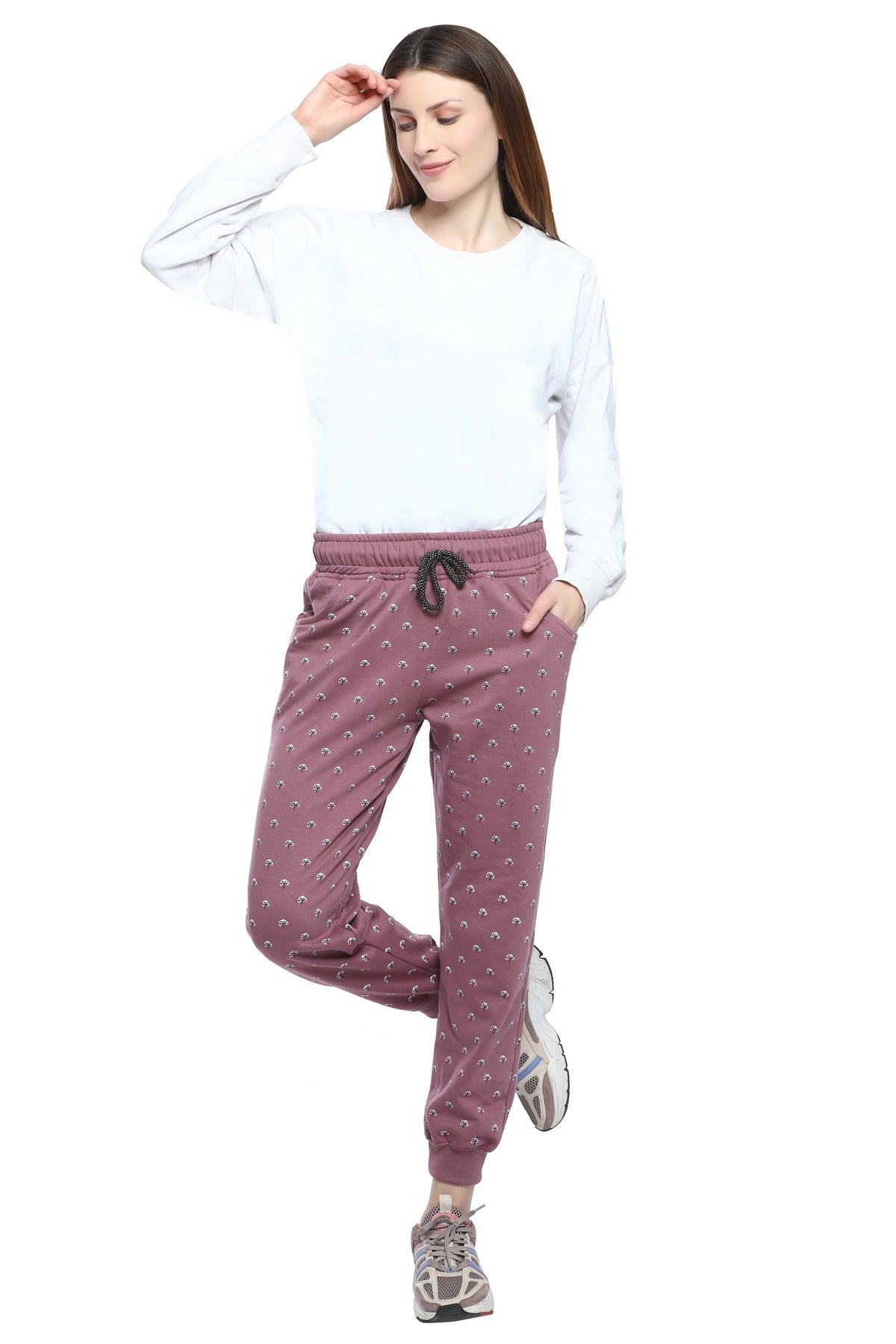 Comfortable Mauve Winter Fleece Cotton Printed Joggers for Women online in India