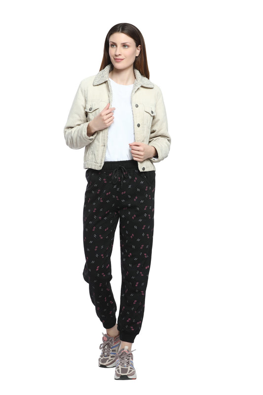 Winter Cotton Fleece Printed Joggers For Women