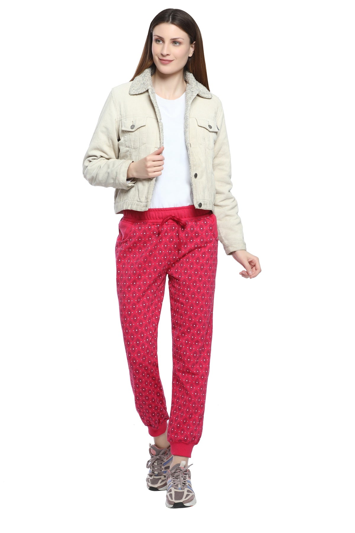 Comfortable Pink Winter Fleece Cotton Printed Joggers for Women online in India