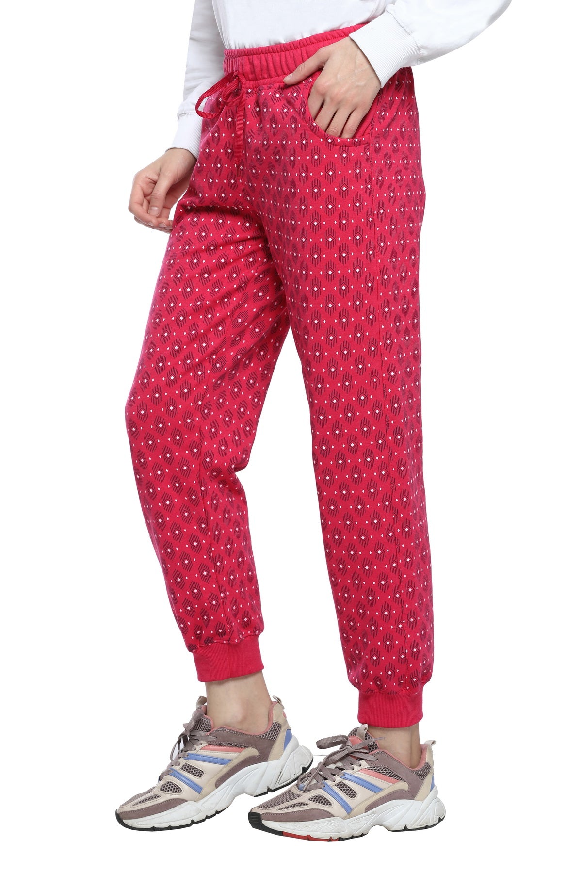 Comfortable Pink Winter Fleece Cotton Printed Joggers for Women online in India